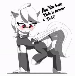 Size: 2244x2264 | Tagged: safe, artist:pabbley, rainbow dash, pegasus, pony, armor, black and white, blade, blushing, clothes, collar, embarrassed, female, grayscale, high res, hoofclaw, implied twilight sparkle, mare, monochrome, partial color, sexy, simple background, socks, solo, stockings, stupid sexy rainbow dash, thigh highs, unconvincing armor, weapon, white background, wingblade