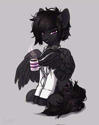 Size: 1618x2048 | Tagged: safe, artist:konejo, oc, oc only, pegasus, pony, clothes, coffee, collar, looking at you, mug, shirt, simple background, sitting, solo, spread wings, unamused, wing hands, wings