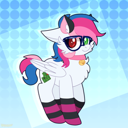 Size: 2000x2000 | Tagged: safe, artist:saveraedae, oc, oc only, pegasus, pony, bell, bell collar, cat ears, clothes, collar, cute, female, glasses, heterochromia, high res, mare, socks, solo, striped socks
