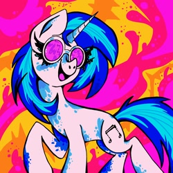 Size: 2048x2048 | Tagged: safe, artist:crypticcervine, dj pon-3, vinyl scratch, pony, unicorn, g4, abstract background, female, high res, mare, raised hoof, solo, vinyl's glasses