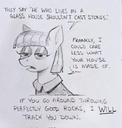 Size: 1947x2048 | Tagged: safe, artist:mellodillo, maud pie, earth pony, pony, g4, bust, dialogue, female, grayscale, lidded eyes, mare, monochrome, pencil drawing, solo, traditional art
