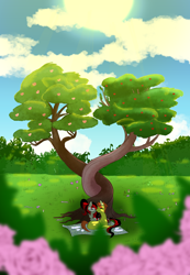 Size: 2700x3900 | Tagged: safe, artist:mewzynn, oc, oc only, pony, apple, apple tree, flower, high res, intertwined trees, lying down, prone, tree