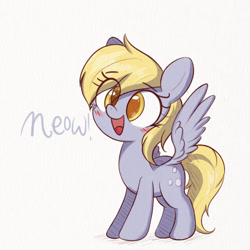Size: 1299x1299 | Tagged: safe, artist:kqaii, derpy hooves, pegasus, pony, g4, behaving like a cat, blushing, colored pupils, cute, derpabetes, eye clipping through hair, female, mare, meow, open mouth, open smile, smiling, solo, spread wings, wings