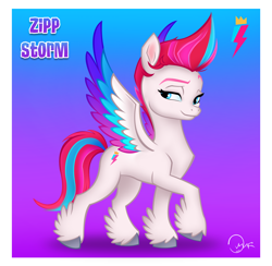 Size: 3600x3508 | Tagged: safe, artist:pandarojo79, zipp storm, pegasus, pony, g5, my little pony: a new generation, spoiler:my little pony: a new generation, colored wings, dreamworks face, female, gradient background, high res, looking at you, mare, multicolored wings, smiling, smiling at you, solo, spread wings, wings