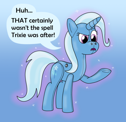 Size: 1920x1857 | Tagged: safe, artist:wolvinof, trixie, inflatable pony, pony, pooltoy pony, unicorn, g4, air nozzle, confused, female, inflatable, magic, mistake, perplexed, pool toy, raised eyebrow, simple background, sparkles, speech bubble, spell gone wrong, third person, transformation, vector, vector trace