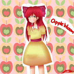 Size: 1000x1000 | Tagged: safe, artist:fuyukinokoorin, apple bloom, human, g4, blushing, clothes, dress, humanized, smiling, solo, yellow dress