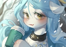 Size: 2048x1475 | Tagged: safe, artist:amo, oc, oc only, pony, blushing, bust, coffee, coffee mug, collar, mug, portrait, snow, snowfall, solo