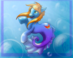 Size: 500x400 | Tagged: safe, artist:kimik-a, pony, sea pony, abstract background, seapony oc, sign, smiling, underwater