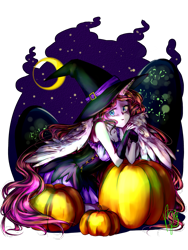 Size: 2121x2828 | Tagged: safe, artist:kimik-a, oc, alicorn, anthro, alicorn oc, clothes, crescent moon, dress, female, hat, high res, horn, moon, pumpkin, signature, simple background, transparent background, transparent moon, wings, witch hat