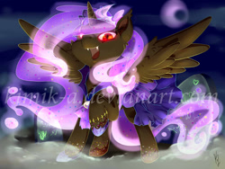 Size: 1600x1200 | Tagged: safe, artist:kimik-a, oc, oc only, alicorn, pony, alicorn oc, commission, crescent moon, ethereal mane, horn, moon, obtrusive watermark, raised hoof, smiling, solo, spread wings, starry mane, watermark, wings, ych result