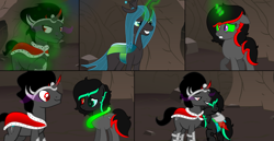 Size: 1280x660 | Tagged: safe, artist:cobaltstaryt, king sombra, queen chrysalis, changeling, changeling queen, hybrid, pony, g4, base used, eyelashes, female, glowing, glowing horn, horn, hug, male, mare, parent:king sombra, parent:queen chrysalis, ship:chrysombra, shipping, stallion, straight, transformation