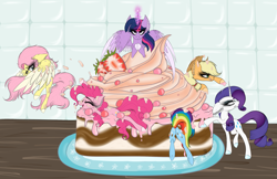 Size: 2921x1897 | Tagged: safe, artist:beamybutt, applejack, fluttershy, pinkie pie, rainbow dash, rarity, twilight sparkle, alicorn, earth pony, pegasus, pony, unicorn, g4, angry, butt, buttstuck, cake, colored hooves, ear fluff, eyelashes, eyes closed, flying, food, glowing, glowing horn, hat, horn, looking back, mane six, micro, plot, rainbutt dash, raised hoof, stuck, twilight sparkle (alicorn), wings