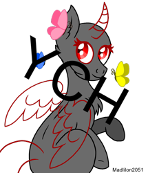 Size: 825x960 | Tagged: safe, artist:madlilon2051, oc, alicorn, butterfly, pony, alicorn oc, chest fluff, commission, ear fluff, eyelashes, horn, looking back, simple background, smiling, solo, transparent background, wings, your character here