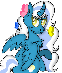 Size: 825x960 | Tagged: safe, artist:madlilon2051, oc, oc only, oc:fleurbelle, alicorn, butterfly, pony, alicorn oc, commission, eyelashes, female, horn, mare, simple background, smiling, solo, transparent background, wings, ych result