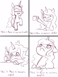 Size: 1536x2048 | Tagged: safe, artist:catscratchpaper, izzy moonbow, pony, unicorn, g5, my little pony: a new generation, alcohol, comic, drunk, fit right in (g5), nope, solo