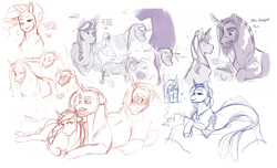 Size: 2000x1215 | Tagged: safe, artist:royvdhel-art, oc, oc only, pony, sea pony, seapony (g4), unicorn, blushing, female, horn, jewelry, lineart, lying down, male, mare, necklace, pearl necklace, sketch, sketch dump, smiling, stallion, unicorn oc, wide eyes