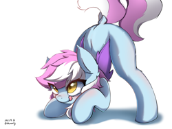 Size: 4000x3000 | Tagged: safe, artist:morealy, oc, oc only, oc:woodgu, bat pony, pony, behaving like a cat, blushing, dock, female, licking, licking lips, mare, simple background, solo, tail, tongue out