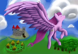 Size: 3012x2123 | Tagged: safe, artist:lefi32, oc, oc only, oc:love letter(adusak), pegasus, pony, castle, cloud, eyes closed, flying, forest, heart, high res, hill, large wings, pegasus oc, river, shading, sky, smiling, solo, village, wings