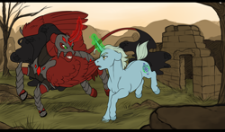 Size: 2444x1440 | Tagged: safe, artist:royvdhel-art, oc, oc only, alicorn, pony, unicorn, alicorn oc, duo, glowing, glowing horn, helmet, horn, outdoors, running, unicorn oc, wings