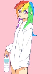 Size: 1240x1754 | Tagged: dead source, safe, artist:danyroxy, rainbow dash, human, g4, bottle, clothes, female, humanized, lip bite, pink background, simple background, solo, water bottle, white shirt
