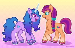 Size: 3750x2400 | Tagged: safe, artist:artisticwerks, izzy moonbow, sunny starscout, earth pony, pony, unicorn, g5, my little pony: a new generation, high res, looking at each other, smiling, smiling at each other