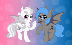 Size: 4500x2812 | Tagged: safe, artist:madcloudlet, oc, oc only, oc:jizlez, oc:nobrony, bat pony, pony, bat wings, cutie mark, duo, duo male, fangs, glasses, high res, jewelry, male, necklace, simple background, smiling, wings