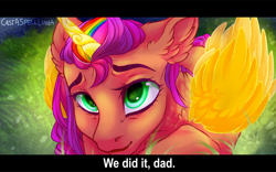 Size: 1280x801 | Tagged: safe, artist:castaspellliana, sunny starscout, earth pony, pony, g5, my little pony: a new generation, artificial horn, artificial wings, augmented, dialogue, horn, implied argyle starshine, magic, magic horn, magic wings, mane stripe sunny, multicolored hair, race swap, rainbow hair, sunnycorn, text, wings