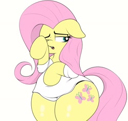 Size: 2232x2112 | Tagged: safe, artist:blitzyflair, fluttershy, pegasus, pony, g4, bipedal, chubby, clothes, female, floppy ears, high res, lidded eyes, mare, morning ponies, one eye closed, open mouth, raised hoof, redraw, shirt, simple background, solo, white background, wide hips