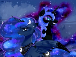 Size: 1400x1050 | Tagged: safe, artist:jamoka-rai-kou, nightmare moon, princess luna, alicorn, pony, g4, blue background, blue eyes, blue tail, colored pupils, crown, ear fluff, ethereal mane, eyelashes, female, flowing mane, folded wings, glowing, grin, helmet, horn, jewelry, regalia, signature, simple background, smiling, sparkles, starry mane, starry tail, stars, tail, teeth, wings
