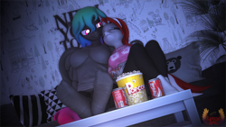 Size: 7680x4320 | Tagged: safe, artist:loveslove, oc, oc only, oc:lovers, oc:paintheart, pegasus, unicorn, anthro, plantigrade anthro, 3d, absurd file size, absurd resolution, clothes, coca-cola, couch, evening, eyes closed, feet, feet on table, female, food, gradient mane, gradient tail, horn, lesbian, looking at someone, on couch, pegasus oc, pillow, popcorn, shipping, shirt, sleeping, smiling, socks, source filmmaker, stocking feet, sweater, tail, unicorn oc, wings