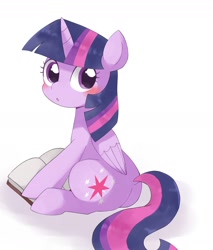 Size: 1504x1768 | Tagged: safe, artist:ginmaruxx, twilight sparkle, alicorn, pony, g4, blushing, book, bookhorse, cute, female, looking at you, mare, simple background, sitting, solo, twiabetes, twilight sparkle (alicorn), white background