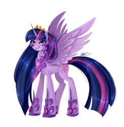 Size: 2109x2160 | Tagged: safe, artist:jamoka-rai-kou, twilight sparkle, alicorn, pony, g4, armor, concave belly, crown, fangs, high res, hoof shoes, jewelry, long legs, nightmare twilight, nightmarified, peytral, regalia, simple background, slender, slit pupils, solo, spread wings, thin, twilight sparkle (alicorn), white background, wings