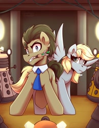 Size: 1000x1286 | Tagged: safe, artist:shadowreindeer, derpy hooves, doctor whooves, time turner, earth pony, pegasus, pony, g4, crossover, dalek, doctor who, female, male, mare, sonic screwdriver, stallion, the doctor