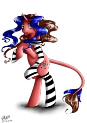 Size: 723x1024 | Tagged: safe, artist:jamoka-rai-kou, pony, unicorn, clothes, leonine tail, looking at you, open mouth, rearing, scarf, smiling, socks, solo, striped socks, tail