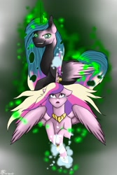 Size: 682x1024 | Tagged: safe, artist:jamoka-rai-kou, princess cadance, queen chrysalis, alicorn, changeling, changeling queen, pony, g4, disguise, disguised changeling, duo, duo female, fake cadance, female, grin, mare, smiling, spread wings, wings