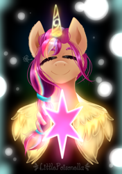 Size: 844x1200 | Tagged: safe, artist:littlepoisonella, sunny starscout, alicorn, earth pony, pony, g5, my little pony: a new generation, spoiler:my little pony: a new generation, female, horn, mane stripe sunny, mare, race swap, solo, sunnycorn, twilight sparkle's cutie mark, wings