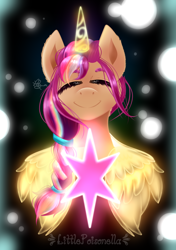 Size: 844x1200 | Tagged: safe, artist:littlepoisonella, sunny starscout, alicorn, earth pony, pony, g5, my little pony: a new generation, female, horn, mane stripe sunny, mare, race swap, solo, sunnycorn, twilight sparkle's cutie mark, wings