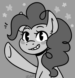 Size: 1087x1123 | Tagged: safe, artist:zahsart, pinkie pie, earth pony, pony, g4, black and white, black and white cartoon, blushing, grayscale, grin, looking at you, monochrome, rubber hose style, smiling, solo, waving