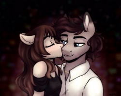 Size: 2301x1826 | Tagged: safe, artist:zahsart, oc, oc only, oc:hickory, oc:vantage, earth pony, pegasus, anthro, clothes, dress, eyes closed, floppy ears, kissing, lidded eyes, shirt, smiling