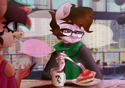 Size: 4000x2800 | Tagged: safe, artist:irinamar, oc, oc only, earth pony, anthro, cake, clothes, eyebrows, food, fork, glasses, heart ears, high res, lidded eyes, mug, open mouth, open smile, palindrome get, question mark, scarf, smiling, speech bubble, strawberry, sweater, textless