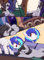 Size: 2300x3100 | Tagged: safe, artist:imadeoos, dj pon-3, octavia melody, vinyl scratch, earth pony, pony, unicorn, g4, bags under eyes, bush, carpet, comic, cutie mark, door, exhausted, eye clipping through hair, eyebrows, eyebrows visible through hair, female, floor, high res, mare, messy mane, moon, night, patreon, ponyville, sky, sniffing, tongue out, window