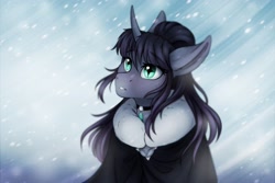 Size: 3000x2000 | Tagged: safe, artist:zahsart, oc, oc only, oc:kasimira edeltraud, anthro, choker, curved horn, high res, horn, snow, solo