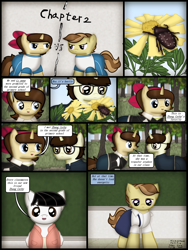 Size: 1750x2333 | Tagged: safe, artist:99999999000, oc, oc only, oc:cwe, oc:mar baolin, oc:zhang cathy, beetle, earth pony, insect, pony, unicorn, comic:nice to meet you, clothes, comic, female, filly, flower, male