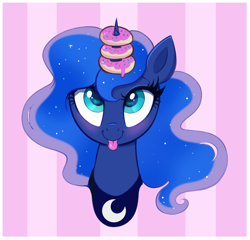 Size: 2728x2623 | Tagged: safe, artist:confetticakez, princess luna, alicorn, pony, :p, blushing, bust, c:, cute, donut, eyes on the prize, female, food, high res, horn, horn impalement, jewelry, looking up, lunabetes, majestic as fuck, mare, regalia, smiling, solo, striped background, tongue out