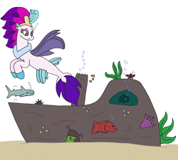 Size: 2726x2448 | Tagged: safe, artist:supahdonarudo, queen novo, crab, eel, fish, moray eel, seapony (g4), shark, series:novoember, g4, my little pony: the movie, barnacles, bubble, coral, high res, looking back, sad, sea urchin, seaweed, shipwreck, simple background, sunken ship, transparent background