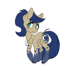 Size: 894x894 | Tagged: safe, artist:princessmoonlight, oc, oc:midnight timeline, earth pony, pony, 2022 community collab, derpibooru community collaboration, 2021-2022, 2022, blue hoofs, blue mane, blue spots, brown coat, clock, cutie mark, green eyes, head to side, jewelry, moon, necklace, shy expression, simple background, solo, standing, stars in mane, strait mouth, transparent background