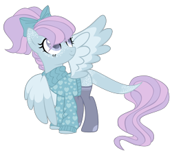 Size: 3234x2925 | Tagged: safe, artist:magicdarkart, oc, oc only, oc:iris breeze, pegasus, pony, bow, clothes, female, freckles, hair bow, high res, leonine tail, mare, simple background, socks, solo, stockings, sweater, tail, thigh highs, transparent background