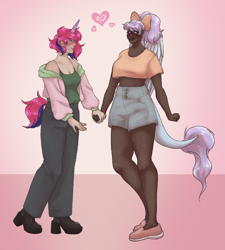Size: 1745x1943 | Tagged: safe, artist:snows-undercover, oc, oc only, oc:iris breeze, oc:lilac, human, belly button, blushing, bow, clothes, commission, dark skin, ear piercing, earring, female, freckles, hair bow, heart, holding hands, hoodie, horn, horned humanization, humanized, humanized oc, jeans, jewelry, leonine tail, lesbian, looking at each other, midriff, pants, piercing, shirt, short shirt, shorts, t-shirt, tail, tailed humanization, tank top, winged humanization, wings