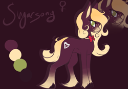 Size: 975x684 | Tagged: safe, artist:princessmoonlight, oc, oc:sugersong, earth pony, pony, bowtie, color pallet, colored background, dark brown coat, gradient mane, green eyes, light brown hooves, smiling, standing