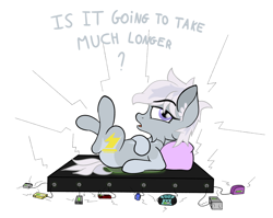 Size: 2396x1912 | Tagged: safe, artist:justapone, oc, oc only, oc:silver bolt, earth pony, pony, charging, colored, colored lineart, colored pupils, dialogue, earth pony oc, female, filly, grey fur, impatient, lightning, looking back, lying down, on back, pillow, recharge, small pony, solo, super powers
